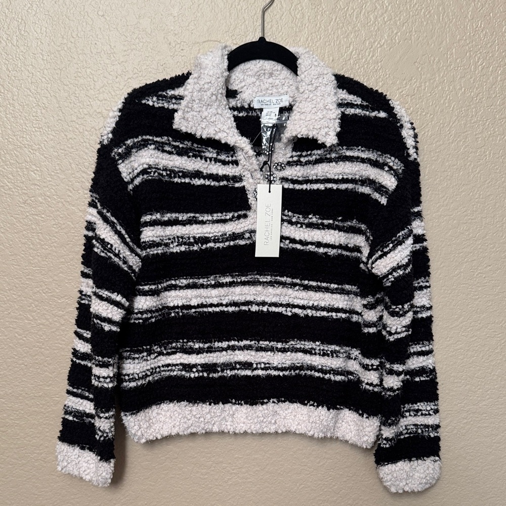 Rachel Zoe Black and White Striped Fuzzy Sweater- Size XS NWT